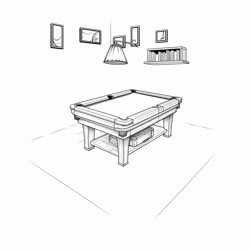 Black and white pool table game room sketch